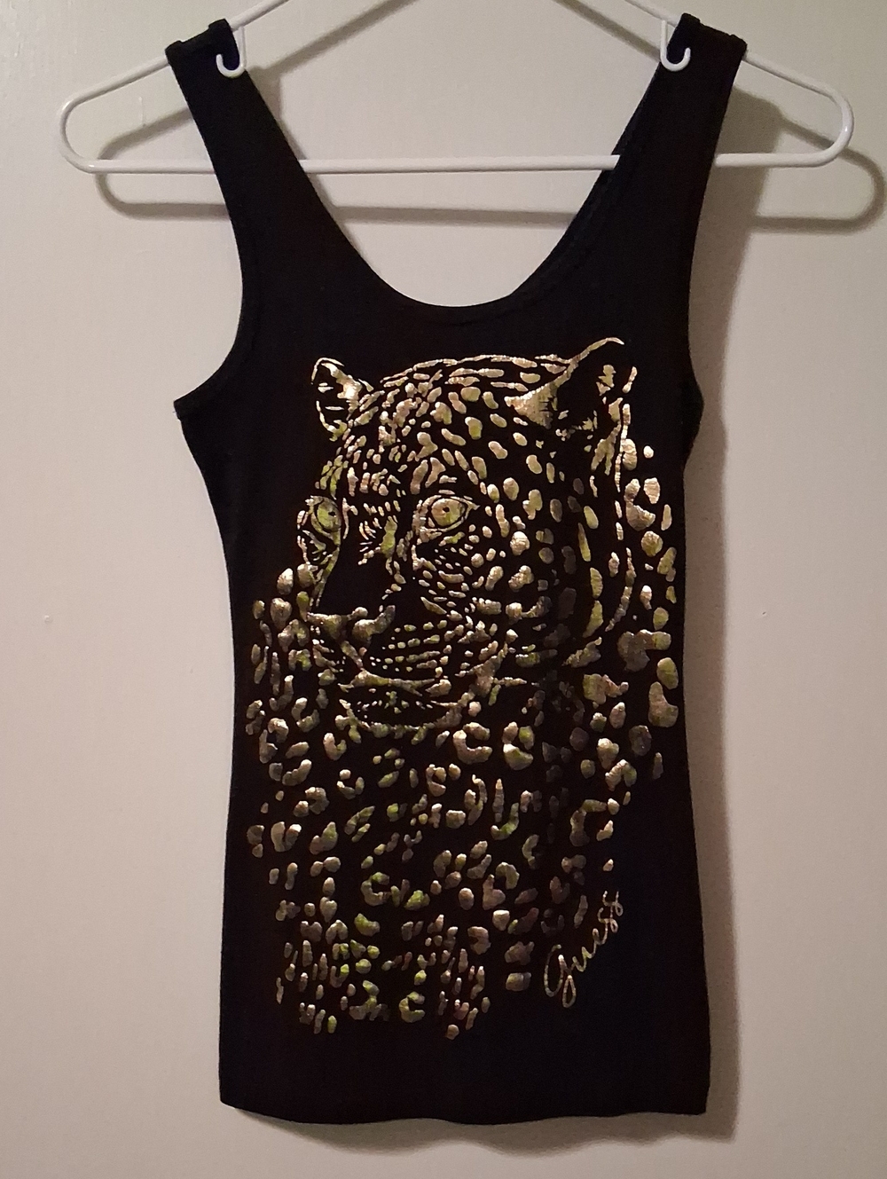 Guess Black Tank with Metallic Gold Leopard Graphic